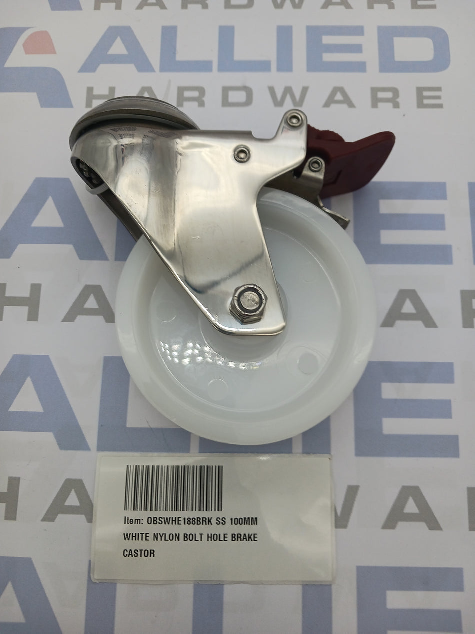 SS 100MM WHITE NYLON BOLT HOLE BRAKE CASTOR