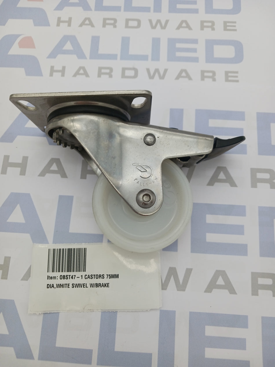 CASTORS 75MM DIA,WHITE SWIVEL W/BRAKE
