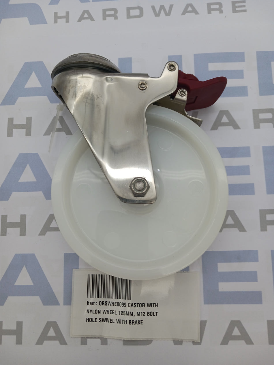 CASTOR WITH NYLON WHEEL 125MM, M12 BOLT HOLE SWIVEL WITH BRAKE
