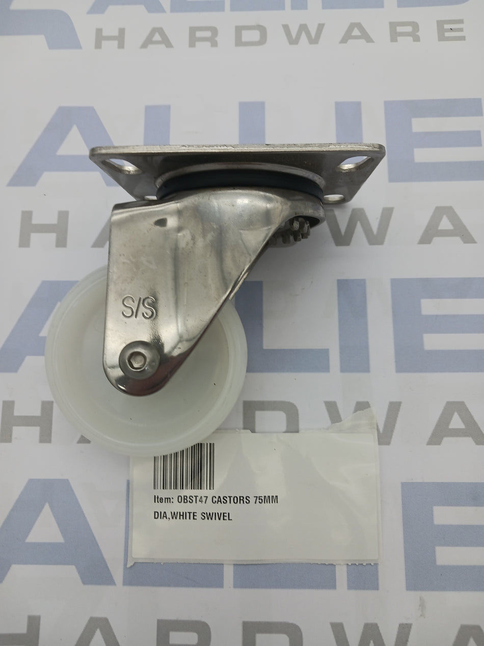 CASTORS 75MM DIA,WHITE SWIVEL