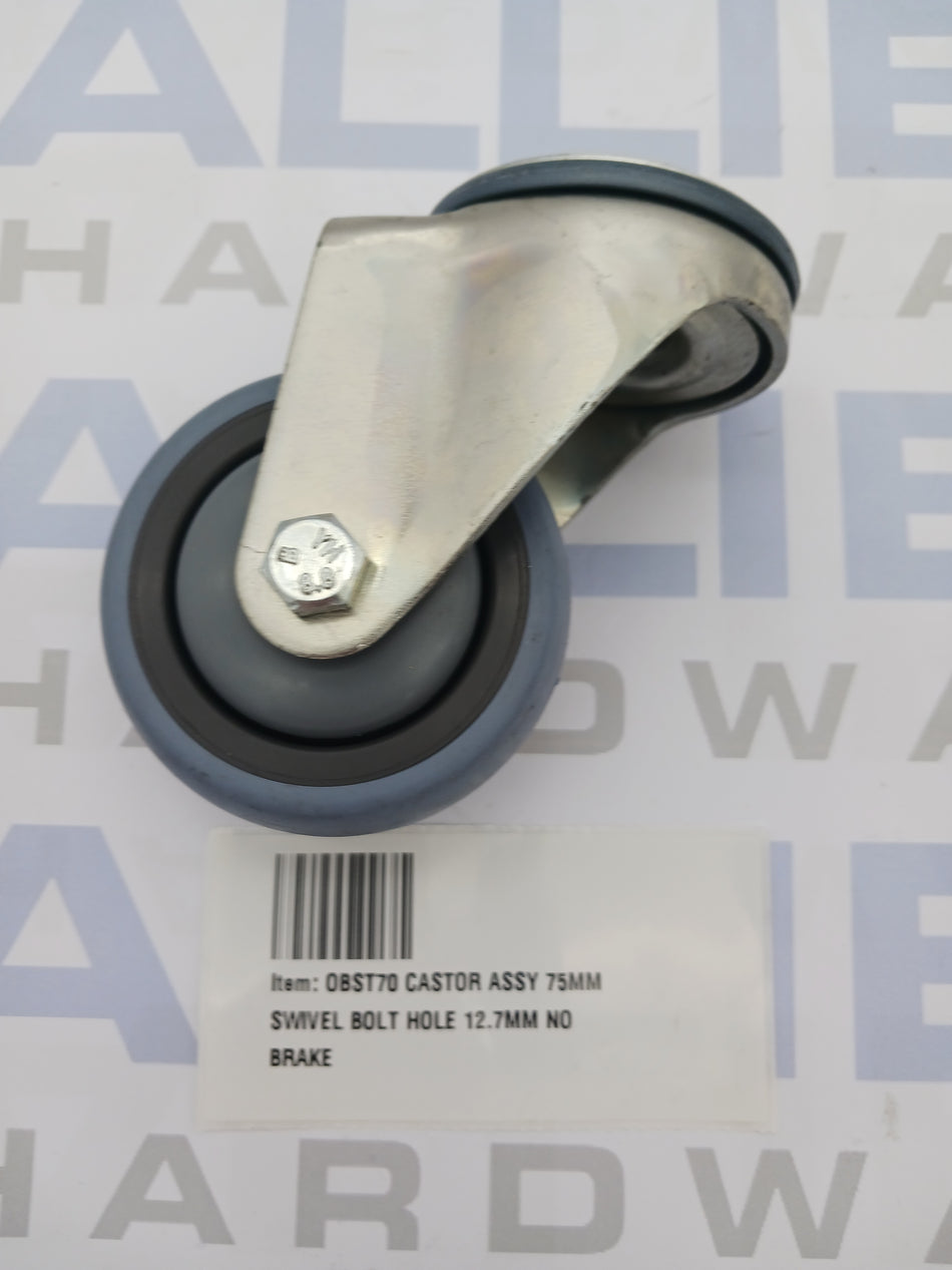 CASTOR ASSY 75MM SWIVEL BOLT HOLE 12.7MM NO BRAKE