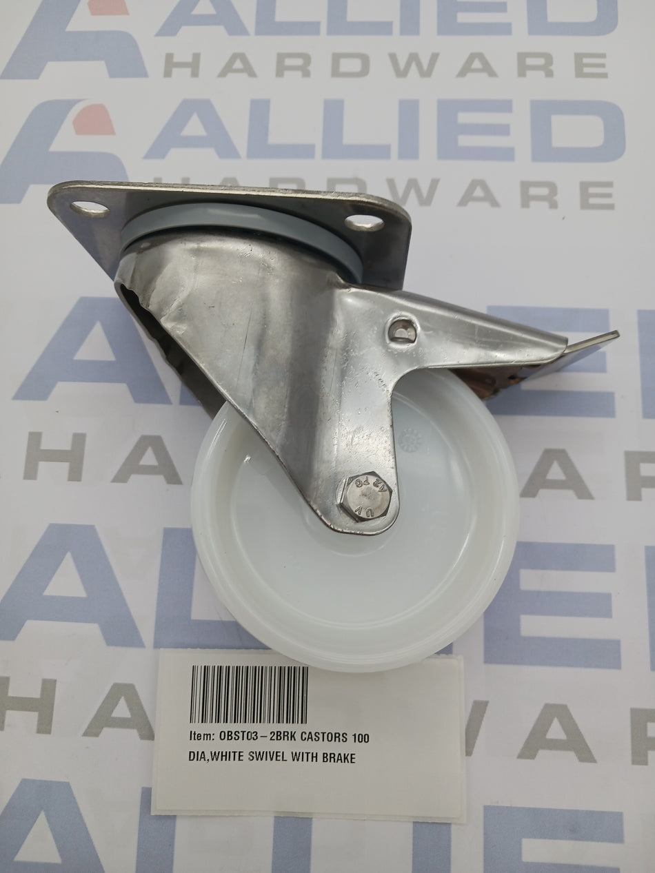CASTORS 100 DIA,WHITE SWIVEL WITH BRAKE