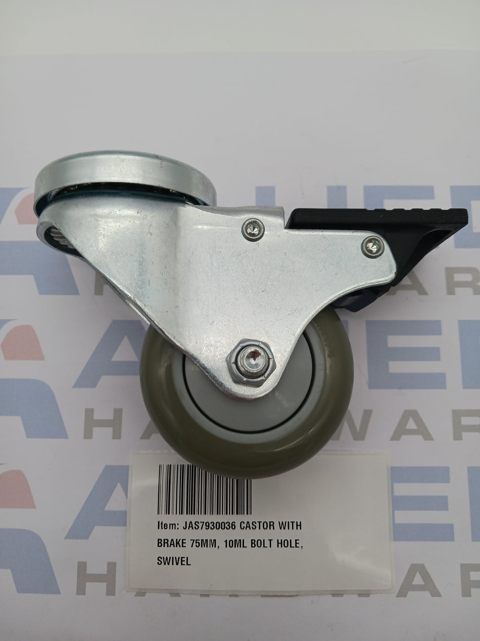 CASTOR WITH BRAKE 75MM, 10ML BOLT HOLE, SWIVEL